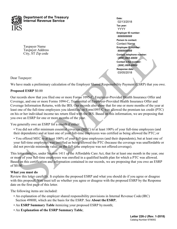 IRS Letter 226J- Employer Shared Responsibility Payment (ESRP) Balance Due